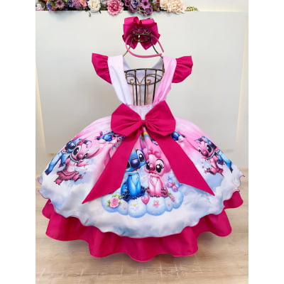 Vestido Infantil Pink Lilo Stitch e Angel Apaixonados Festas
