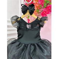 Fantasia Wandinha Infantil Preto Com Babados Luxo