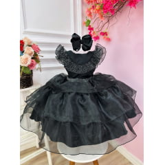 Vestido Infantil Wandinha Preto Com Cinto de Strass Luxo