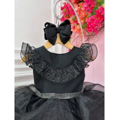 Vestido Infantil Wandinha Preto Com Cinto de Strass Luxo
