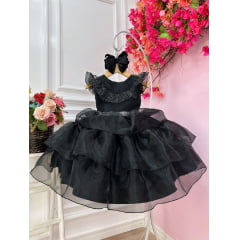 Vestido Infantil Wandinha Preto Com Cinto de Strass Luxo