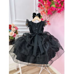 Vestido Infantil Wandinha Preto Com Cinto de Strass Luxo