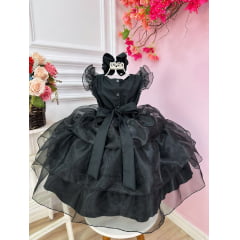 Vestido Infantil Wandinha Preto Com Cinto de Strass Luxo