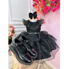 Vestido Infantil Wandinha Preto Com Cinto de Strass Luxo