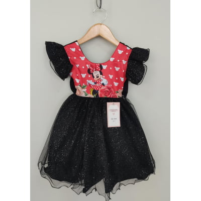 Vestido Infantil Preto da Minnie Saia C/ Glitter e Led Festas