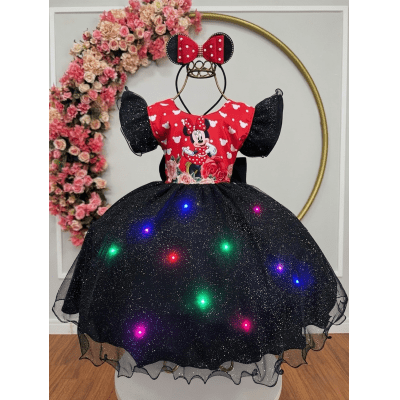 Vestido Infantil Preto da Minnie Saia C/ Glitter e Led Festas