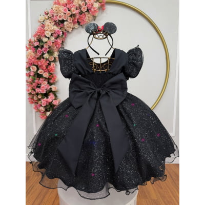 Vestido Infantil Preto da Minnie Saia C/ Glitter e Led Festas