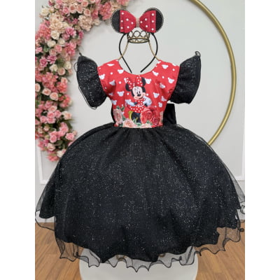 Vestido Infantil Preto da Minnie Saia C/ Glitter e Led Festas