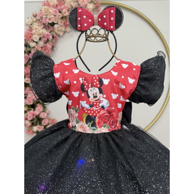 Vestido Infantil Preto da Minnie Saia C/ Glitter e Led Festas