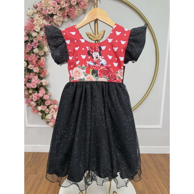 Vestido Infantil Preto da Minnie Saia C/ Glitter e Led Festas