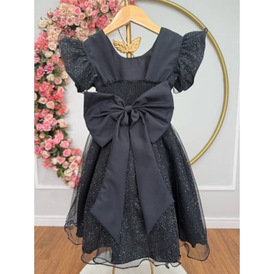 Vestido Infantil Preto da Minnie Saia C/ Glitter e Led Festas
