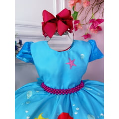 Vestido Infantil Princesa Ariel Sereia Fundo do Mar Azul