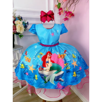 Vestido Infantil Princesa Ariel Sereia Fundo do Mar Azul