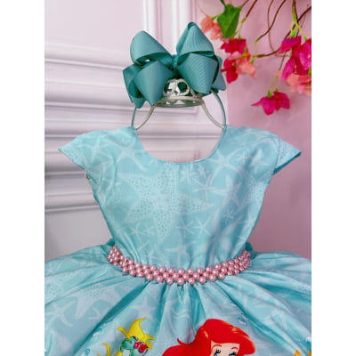 Vestido Infantil Princesa Ariel Sereia Fundo do Mar Verde