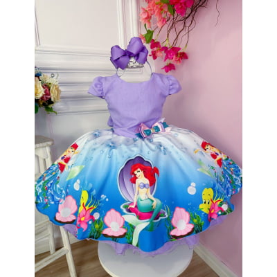 Vestido Infantil Princesa Ariel Sereia Lilás Strass Aplique