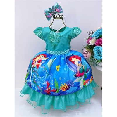 Vestido Infantil Princesa Ariel Verde Renda C/ Cinto Pérolas