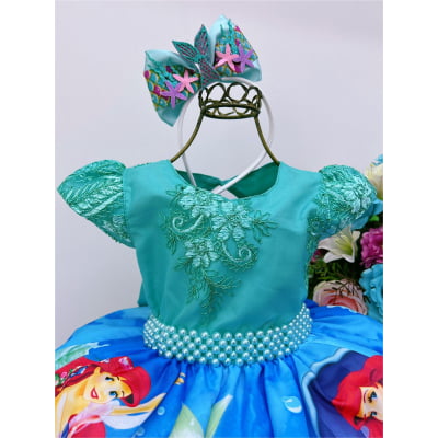 Vestido Infantil Princesa Ariel Verde Renda C/ Cinto Pérolas