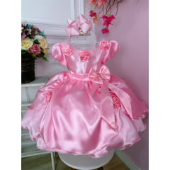 Vestido Infantil Princesa Rosa Com Aplique de Flores