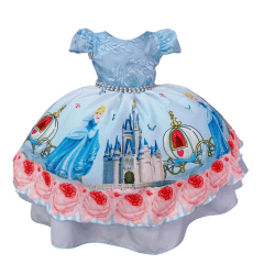 Vestido Infantil Princesa Cinderela Azul C/ Renda e Pérolas