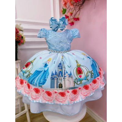 Vestido Infantil Princesa Cinderela Azul C/ Renda e Pérolas