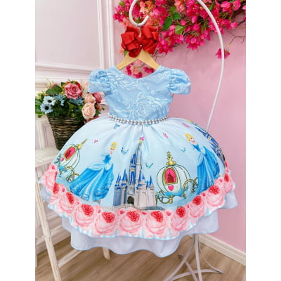 Vestido Infantil Princesa Cinderela Azul C/ Renda e Pérolas