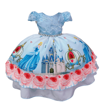 Vestido Infantil Princesa Cinderela Azul C/ Renda e Pérolas