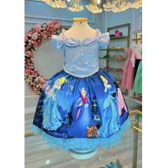 Vestido Infantil Princesa Cinderela Azul C/ Renda Luxo Festa