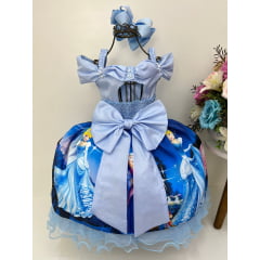 Vestido Infantil Princesa Cinderela Azul C/ Renda Luxo Festa