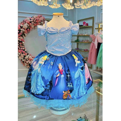 Vestido Infantil Princesa Cinderela Azul C/ Renda Luxo Festa Vestido Infantil Princesa Cinderela Azul C/ Renda Luxo Festa