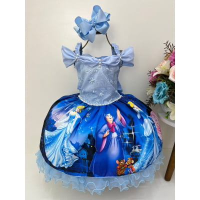 Vestido Infantil Princesa Cinderela Azul C/ Renda Luxo Festa