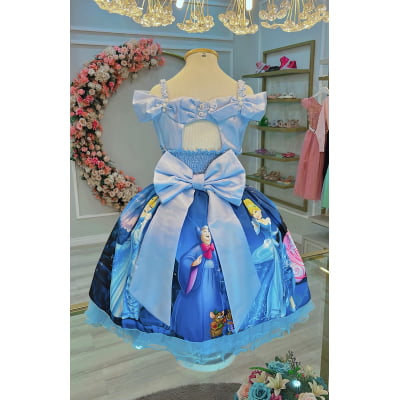 Vestido Infantil Princesa Cinderela Azul C/ Renda Luxo Festa