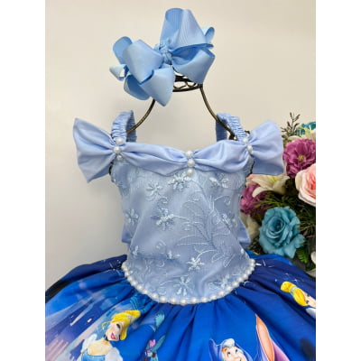 Vestido Infantil Princesa Cinderela Azul C/ Renda Luxo Festa
