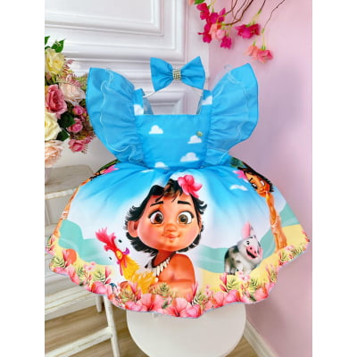 Vestido Infantil Princesa Moana Baby Azul C/ Laço Festa Luxo