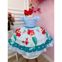 Vestido Infantil Princesa Sereia Ariel Azul Cinto Pérolas