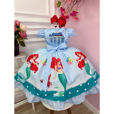 Vestido Infantil Princesa Sereia Ariel Azul Cinto Pérolas