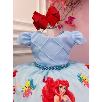 Vestido Infantil Princesa Sereia Ariel Azul Cinto Pérolas