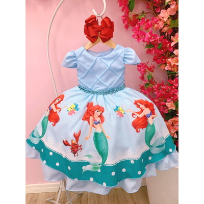 Vestido Infantil Princesa Sereia Ariel Azul Cinto Pérolas