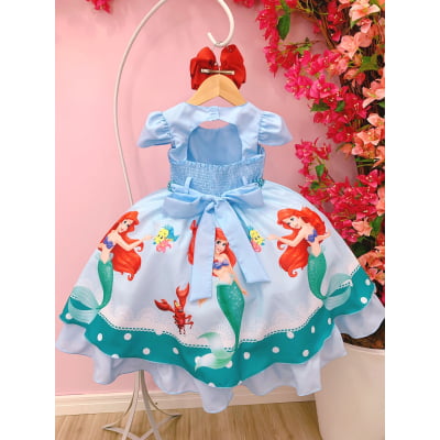 Vestido Infantil Princesa Sereia Ariel Azul Cinto Pérolas
