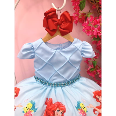 Vestido Infantil Princesa Sereia Ariel Azul Cinto Pérolas