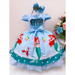 Vestido Infantil Princesa Sereia Ariel Azul Strass Pérolas