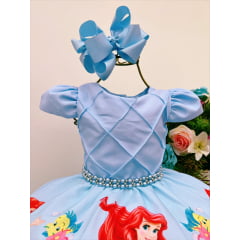 Vestido Infantil Princesa Sereia Ariel Azul Strass Pérolas