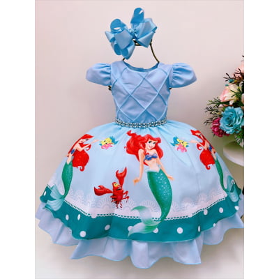 Vestido Infantil Princesa Sereia Ariel Azul Strass Pérolas