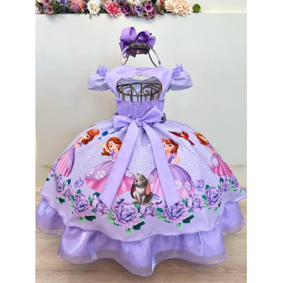 Vestido Infantil Princesa Sofia Lilás Festas C/ Pérolas