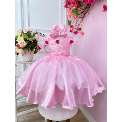 Vestido Infantil Princesas Bela Adormecida Aurora C/ Renda