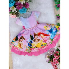 Vestido Infantil Princesas Colorido C/ Cinto de Pérolas Luxo