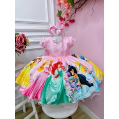 Vestido Infantil Princesas da Disney Florido Rosa Festas