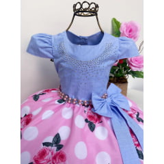 Vestido Infantil Princesas Luxo Azul e Rosa Floral Strass