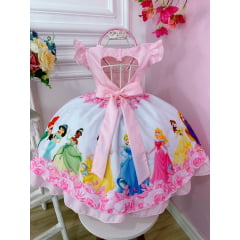 Vestido Infantil Princesas Rosa Aniversário Festa C/ Tiara