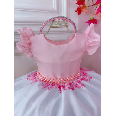 Vestido Infantil Princesas Rosa Aniversário Festa C/ Tiara