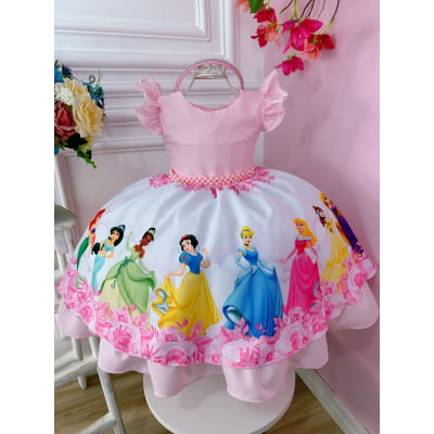 Vestido Infantil Princesas Rosa Aniversário Festa C/ Tiara